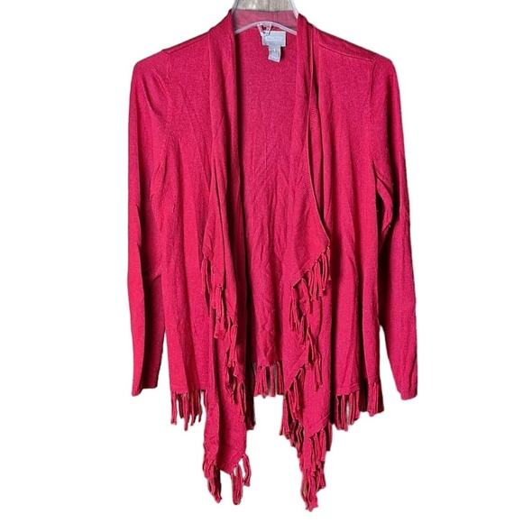 Chico's 1 Women Medium 8 Red Lightweight Comfort Fringe Hem Open Front Cardigan - Picture 2 of 8